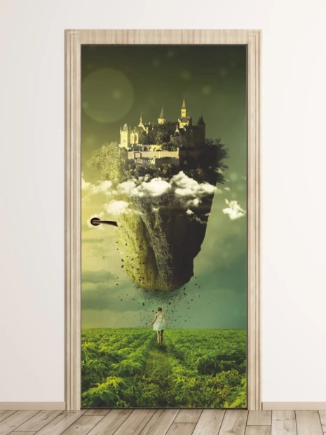 Fairy tale castle door mural FP 6087 - A graphic design of a castle floating above clouds and a green field.