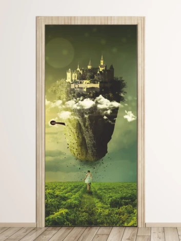 Fairy tale castle door mural FP 6087 - A graphic design of a castle floating above clouds and a green field.