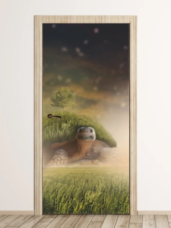Fantasy turtle door mural FP 6095 - Modern interior design with light-colored walls and natural wood accents.