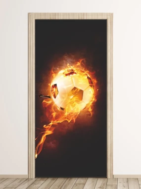 Soccer door mural FP 6090 - Graphic design featuring a soccer ball surrounded by flames on a dark background.