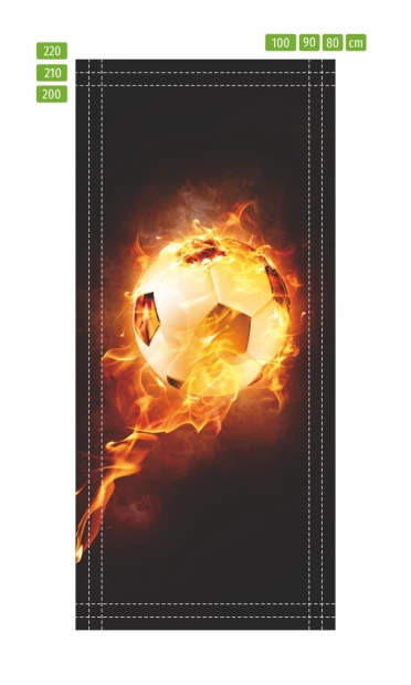 Football door mural FP 6090 - Graphic design featuring a soccer ball surrounded by flames on a dark background.