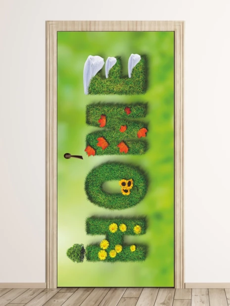 Home FP 6105 door wallpaper - Graphic design with grass letters, flowers, and leaves on a green background.