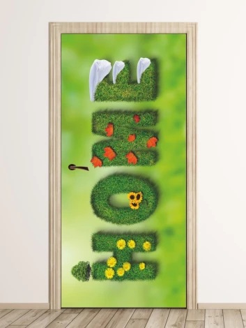 Home FP 6105 door wallpaper - Graphic design with grass letters, flowers, and leaves on a green background.