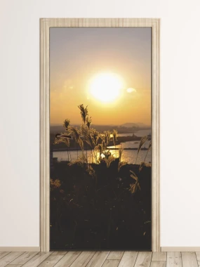 Autumn Sun Door Mural FP 6081 - Graphic design featuring the sun over water and golden grasses.