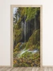 Autumn waterfall door mural FP 6084 - Graphic design with water cascading over green rocks, surrounded by leaves and moss.