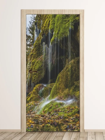 Autumn waterfall door mural FP 6084 - Graphic design with water cascading over green rocks, surrounded by leaves and moss.