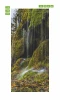 Autumn waterfall door mural FP 6084 - Graphic design with water cascading over green rocks, surrounded by leaves and moss.