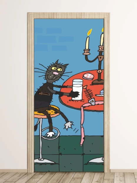 Cat door wallpaper FP 6108 - Graphic design featuring a cat sitting at a table holding a glass, with a candlestick in the background.