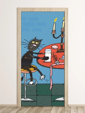 Cat door wallpaper FP 6108 - Graphic design featuring a cat sitting at a table holding a glass, with a candlestick in the background.
