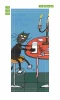 Cat door mural FP 6108 - Graphic design. Cat sitting by a red table, holding a glass, with a candlestick nearby.