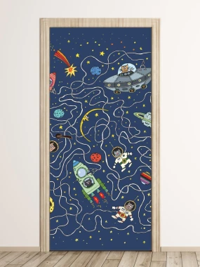 Space Cats Door Mural FP 6100 - Graphic design featuring rockets, planets, and astronauts on a navy background.