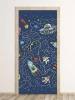 Space Cats Door Mural FP 6100 - Graphic design featuring rockets, planets, and astronauts on a navy background.