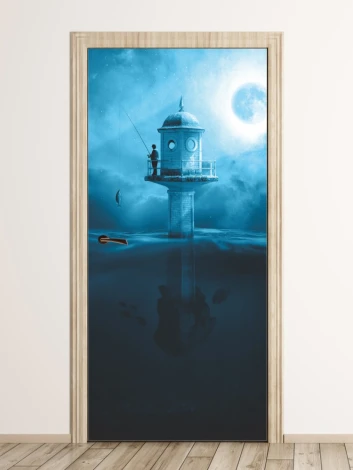 Lighthouse door mural FP 6088 - Graphic design featuring a lighthouse on water with a fisherman.