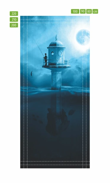 Lighthouse door mural FP 6088 - Graphic design featuring a lighthouse against a night sky with fish in the water.