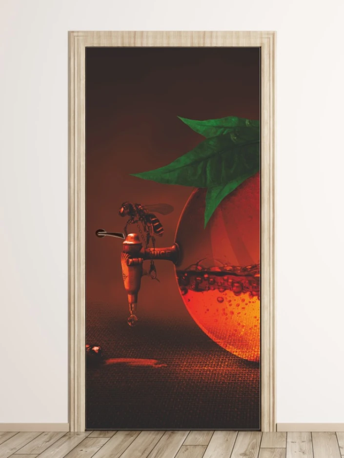 Bee door wallpaper FP 6099 - Graphic design featuring a bee against an orange background with leaves.
