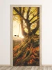 Wallpaper for doors featuring an old tree in sunlight, with a broad crown and roots against a light background.