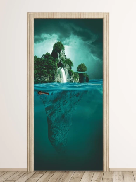 Mystical Island Door Mural FP 6094 - Graphic design featuring an island with a waterfall and trees against a dark background.