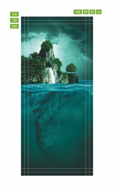 Mysterious Island door mural FP 6094 - Graphic design featuring an island with a waterfall surrounded by trees.