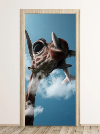 Giraffe door wallpaper FP 6091 - Graphic design featuring a giraffe\'s head against a cloudy sky background.