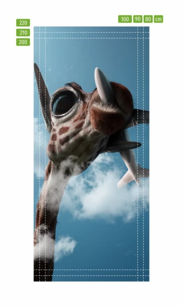 Giraffe door mural FP 6091 - Graphic design featuring a giraffe with large eyes against a cloudy sky background.