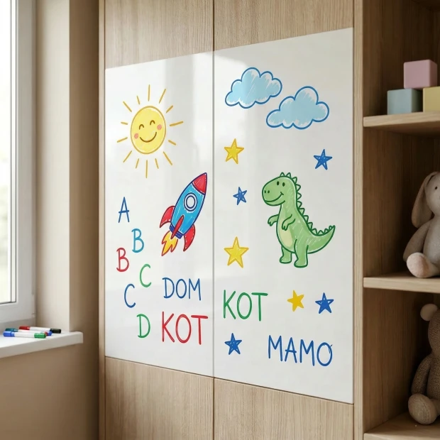 Dry-erase board for doors in various colors - Ideal for a children\'s room with light-colored walls and flooring.