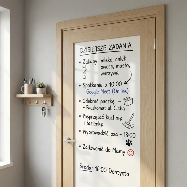 Dry-erase board for doors in various colors - Entryway arrangement with light walls and wooden finishes.