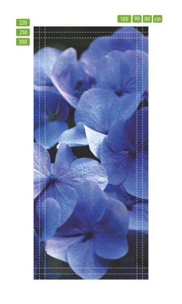 Flower Door Mural P78 - Graphic design featuring blue round-petaled flowers on a dark background.