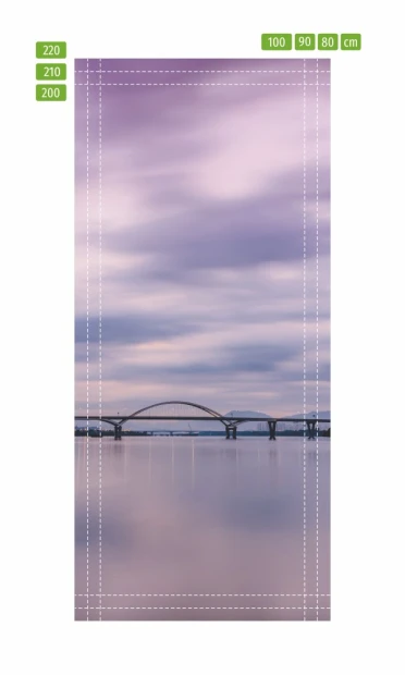 Door wallpaper FP 6133 - Graphic design featuring a bridge against a calm water backdrop and pastel sky.