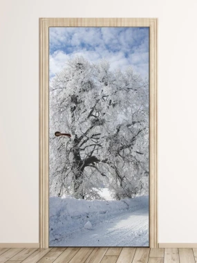 Snow-covered tree door mural FP 6145 - Styled in a bright room with neutral-colored walls.