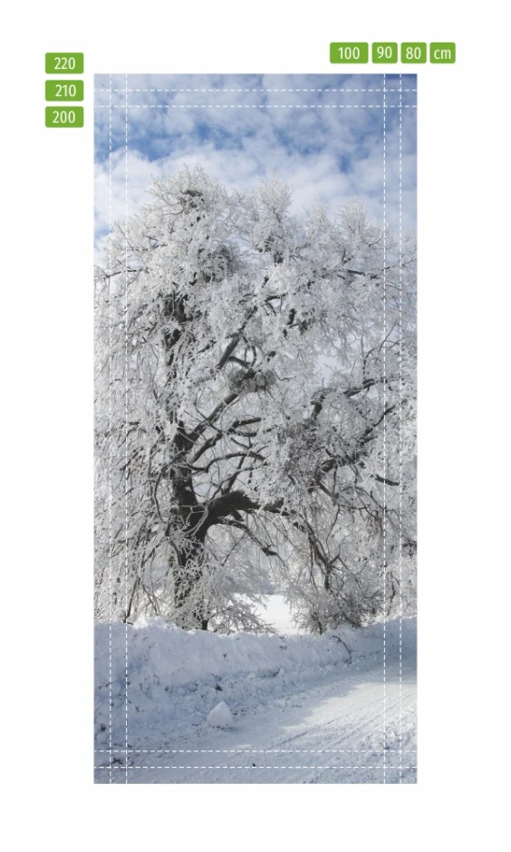 Snow-covered tree door mural FP 6145 - Graphic design featuring a snowy tree against a cloudy sky.