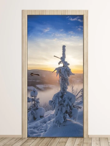 Snow-covered tree door mural FP 6148 - Graphic design featuring snow-laden trees against a rising sun backdrop.