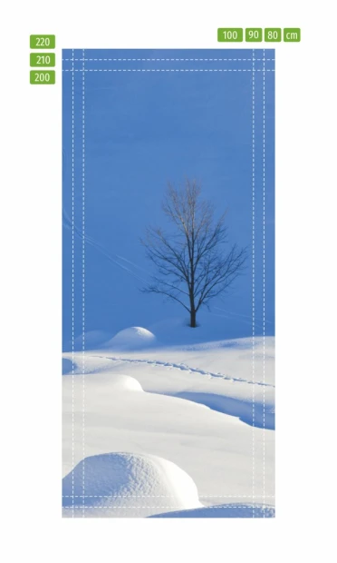 Frosty winter door wallpaper FP 6144 - Graphic design featuring a tree against snowy hills and a blue sky.