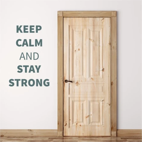 Painting template with the phrase "keep calm and stay strong 1945" - styled in an entryway with light walls and wooden doors.