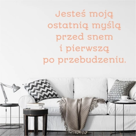 Wall template "You are my last thought before sleep 1955" - Living room arrangement. Light walls, sofa with cushions.