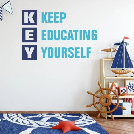 Wall template KEY: Keep educating yourself 1953 - Room decor with light-colored walls and stylish furniture.