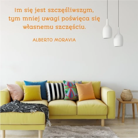 Wall template with quote: The happier you are, 1958 - Living room arrangement. Light-colored walls, sofa.