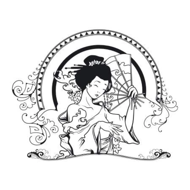 Geisha 2055 painting template - Graphic design featuring a woman with a fan, wavy lines, and background ornaments.