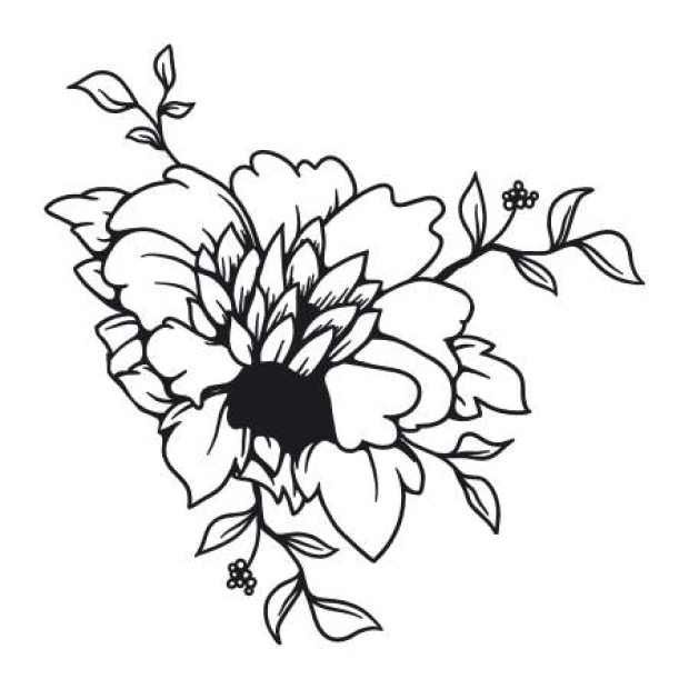 Flower painting template 2084 - Graphic design. Large petal flower with delicate leaves and small branches.