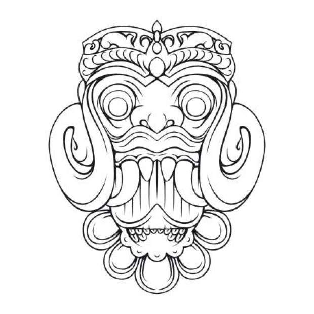 Painting template mask 2097 - Graphic design featuring a symmetrical mask with large eyes and wavy lines.