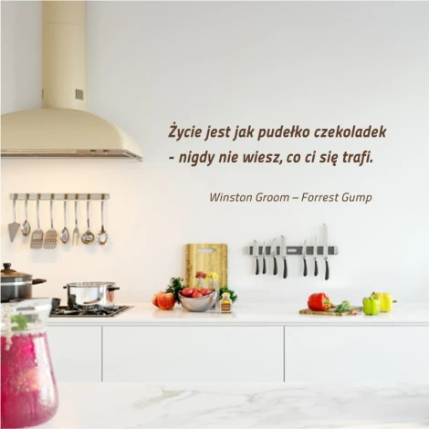 Painting template quote: Life is like a box of chocolates 1968 - Kitchen decor. Light walls, modern furniture.