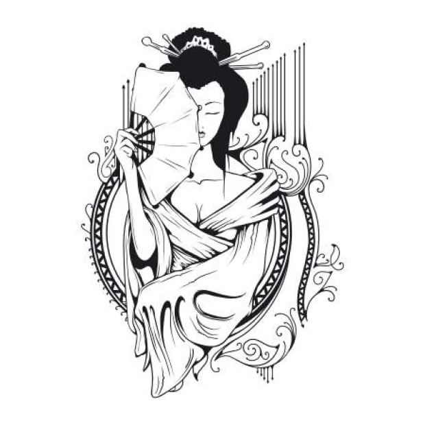 Geisha 2054 painting template - Graphic design featuring a woman with a fan, surrounded by ornaments and wavy lines.