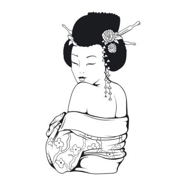 Painting template female silhouette 2057 - Graphic design. Woman with long hair in a kimono, adorned with decorations.
