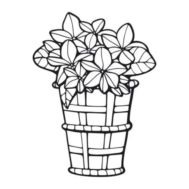 Painting template with basket and flowers 2050 - Graphic design featuring a basket of plants and various leaf shapes in a symmetrical composition.