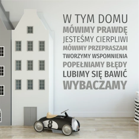 Painting template with the phrase: In this house, we speak the truth 1941 - Decor for a child\'s room. Light-colored walls.