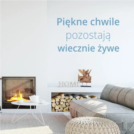 Painting template with the quote: Beautiful Moments 1972 - Living room arrangement. Light walls, minimalist furniture.