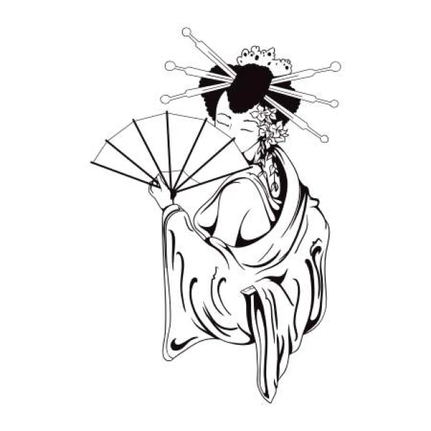 Geisha wall template 2056 - Graphic design featuring a geisha with a fan, detailed kimono, and hair ornaments.