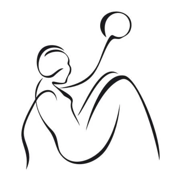 Wall template of a woman with a ball 2036 - Graphic design. Sitting woman holding a ball up. Lines.
