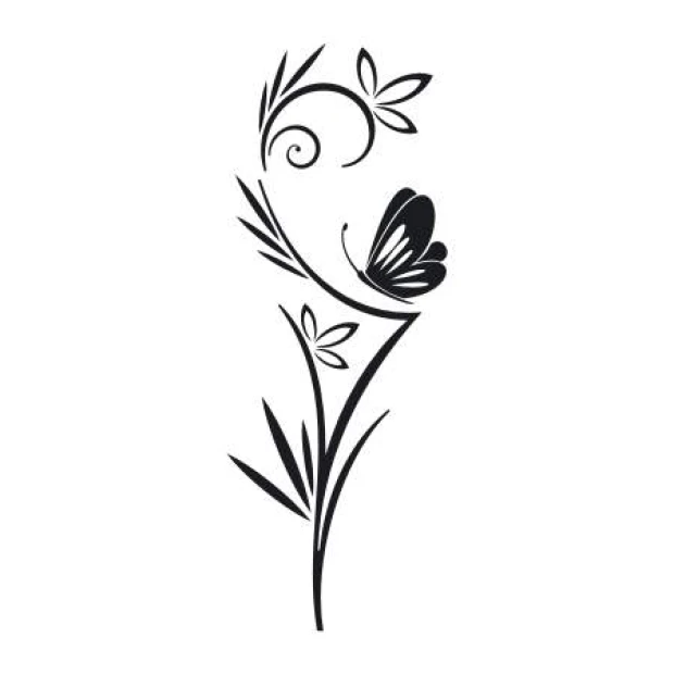 Wall template flowers butterfly 2089 - Graphic design featuring a butterfly on a stem with leaves and spiral elements.