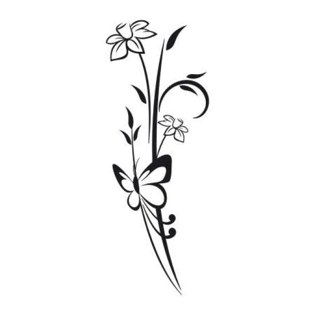 Wall template flowers butterfly 2090 - Graphic design featuring flowers and a butterfly with delicate lines and curves.