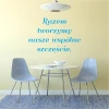 Wall template with the quote: Together we create happiness 1967 - Dining room arrangement. Light-colored walls, table, and chairs.